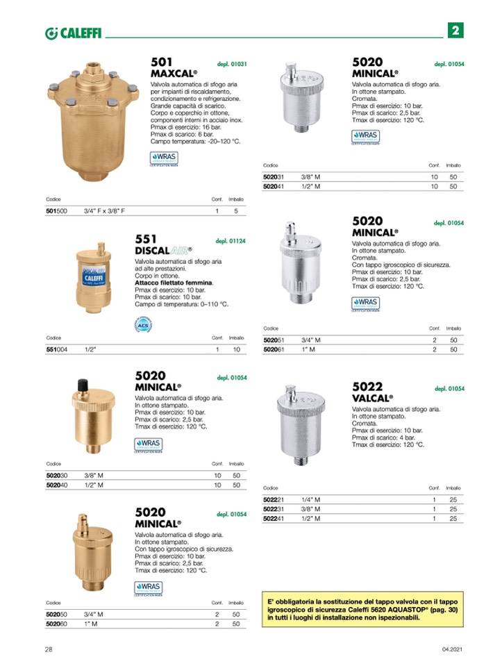 Valvola automatica di sfogo aria ad alte prestazioni Caleffi 551004