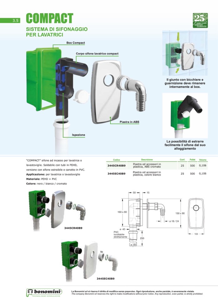 Bonomini sifone incasso per lavatrice e lavastiglie in PVC